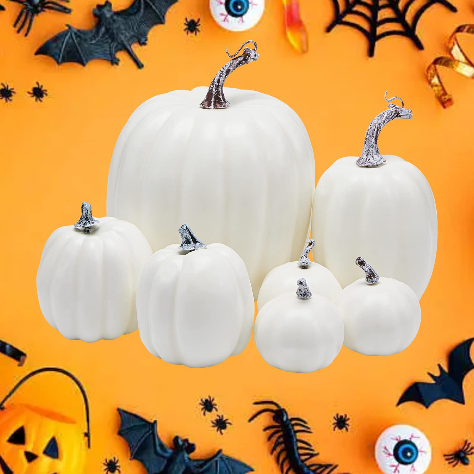 Lizxun 7 Pcs Artificial Pumpkins Halloween Decoration,Halloween Simulated Foam Orange Pumpkin,Harvest Fall Foam Pumpkins for Autumn Thanksgiving Halloween Home Party Supplies (7pcs Black-A1)