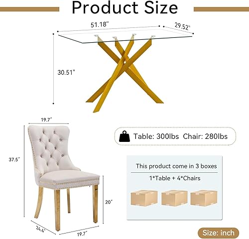 Miniatura 5 de SSLine Moderno juego de mesa de comedor de cristal dorado de 5 piezas para 4 mesas de cocina y sillas rectangulares de lujo de vidrio para 4, mesa