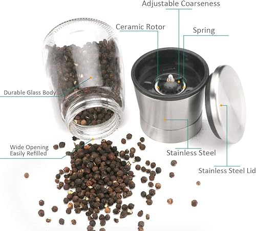 Salt And Pepper Grinder Set, Trofoty Stainless Steel Sea Salt & Pepper Grinder Refillable Set, Manual Adjustable Ceramic Salt And Pepper Grinders, Clear Glass Metal Pepper Mill Set - 2 Pack #TOP4