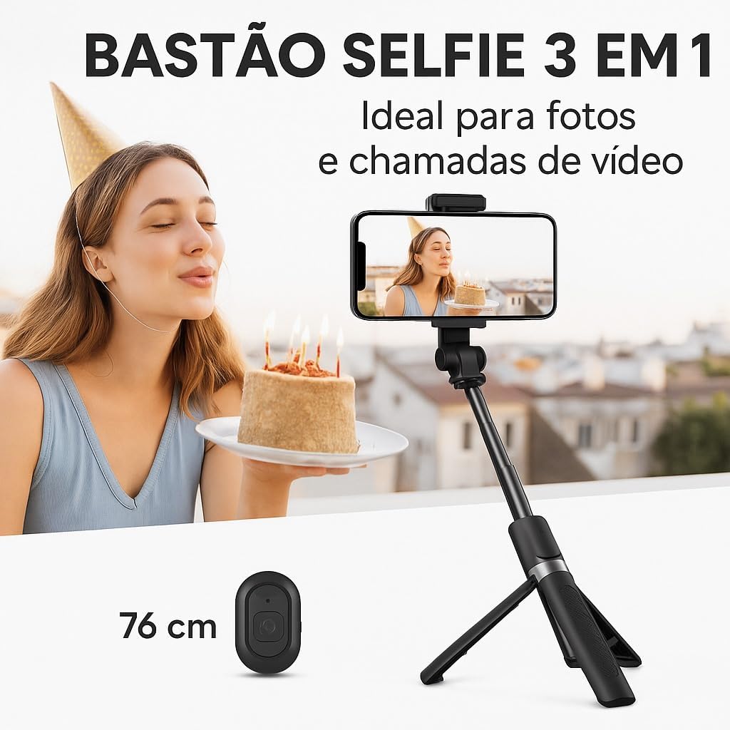 Bastão Tripé Para Celular 3 em 1 com Rotação 360º – Selfie Stick Dobrável com Controle Remoto Bluetooth, Compacto e Estável – Compatível com Android e iPhone – Ideal para Fotos e Vídeos