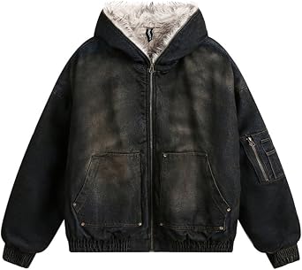 Urban Vintage Zip Up Jacket Oversized Fur Collar Hooded Cotton-Padded Coat Unisex Winter Going Out
