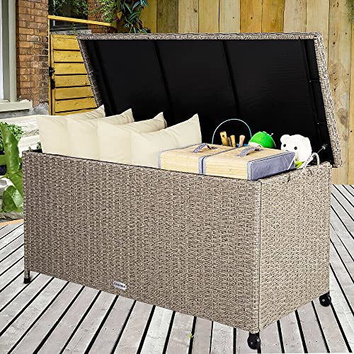 HLJMAQ Gartentruhe Aufbewahrungsbox Auflagenbox Kissenbox Poly Rattan Gartenbox Creme – Bild 4