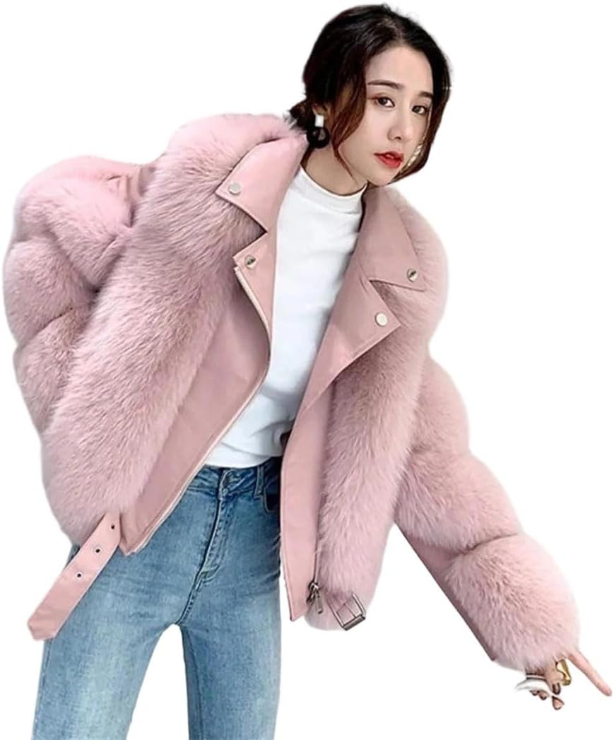 Women Imitation Motorcycle Short Slim Fur Jacket Tops Winter Warm Thicken Fur Coat Outwear
