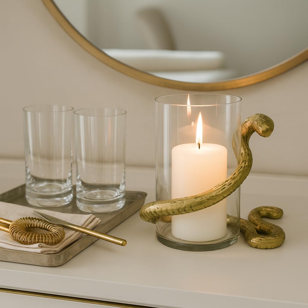 Decorative Snake Glass Candle Holder for House Decor - Modern Pillar Candlestick Holder for Table Centerpieces - Elegant Candle Stand Holder for Office Desk, Bedroom, or Living Room Decor - 6" Gold