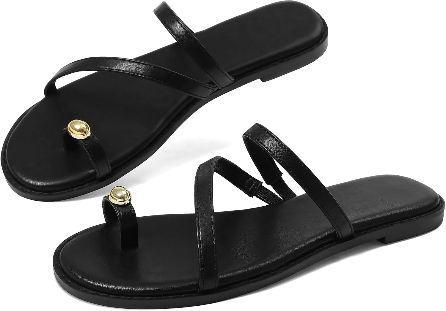 Kalstage Women's Strappy Flat Sandals Round Open Toe Ring Flat Sandals Slip On Beach Sandals Shoes Casual Dressy Summer Flip Flop Thong Sandals
