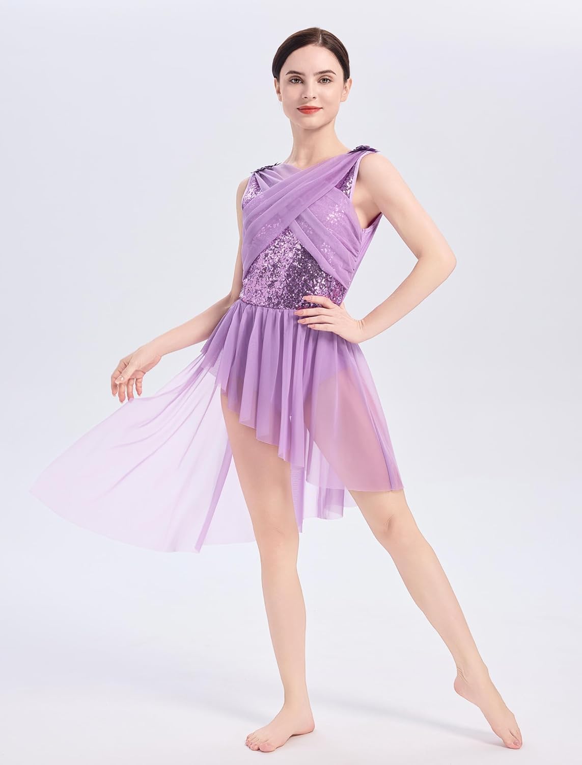 ODASDO Women Elegant Lyrical Dance Dress Lace Cap Sleeve Asymmetrical Tulle Skirt Leotard Contemporary Costume XS-XL