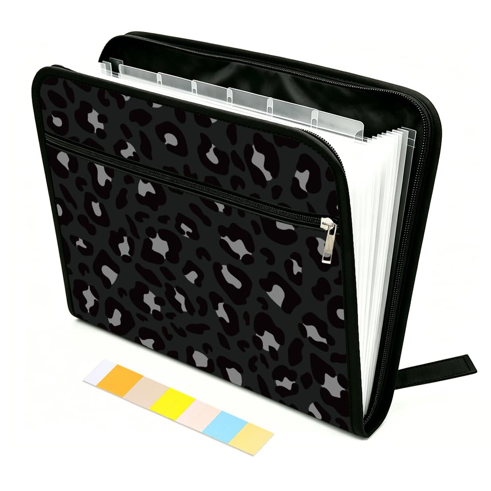 WEBEEDY Dark Leopard Print Expanding File Folder Black 13 Pockets Accordion File Organizer with Labels and Zipper, Portable Expandable Document Paperwork Organiser for A4 Paper Photo Receipt