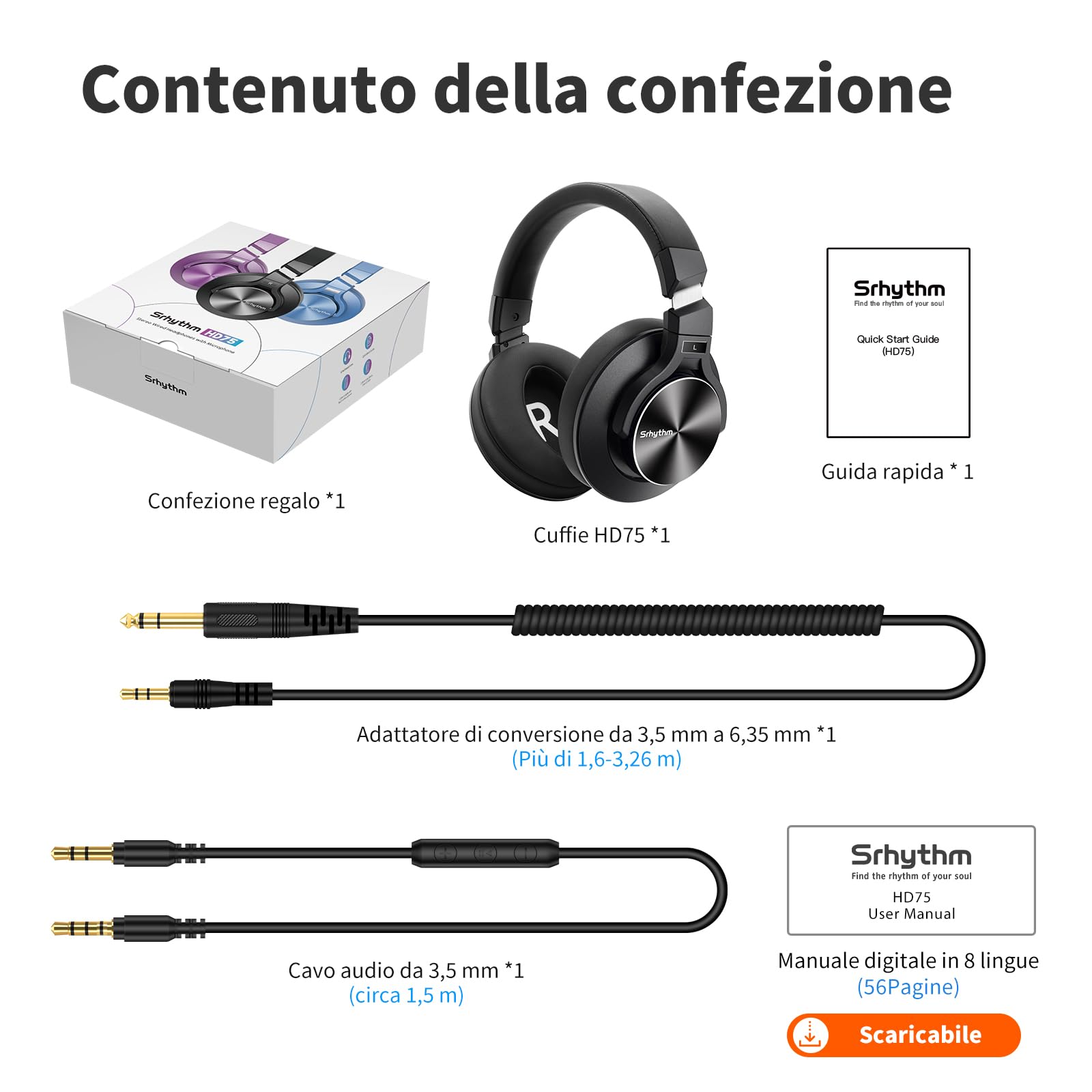 Srhythm HD75 Cuffie DJ cablate sopra l'orecchio per studio/festa/chitarra