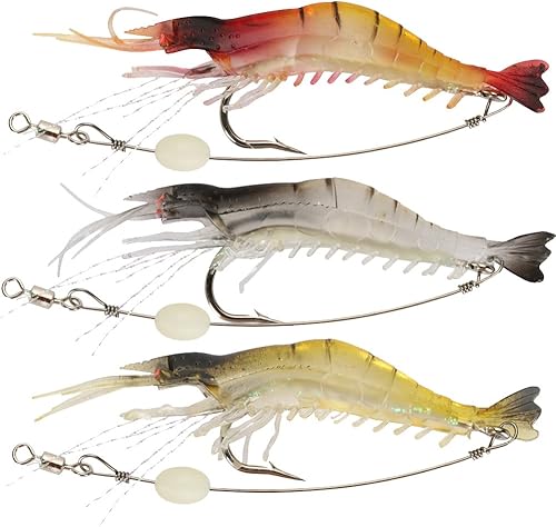 Goture Señuelos de camarones suaves para pesca de agua salada, juego de cebo de camarón luminoso con ganchos afilados para agua dulce y salada,
