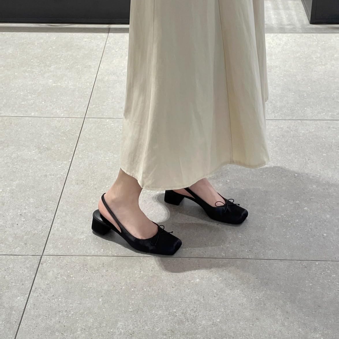 Satin Ballet Heels for Women Slingback Square Toe Bow Heels Chunky Heel Ballerina Pumps with Strap Maryjane Wedding Flats for Bride Elegant Party Shoes - Image 2