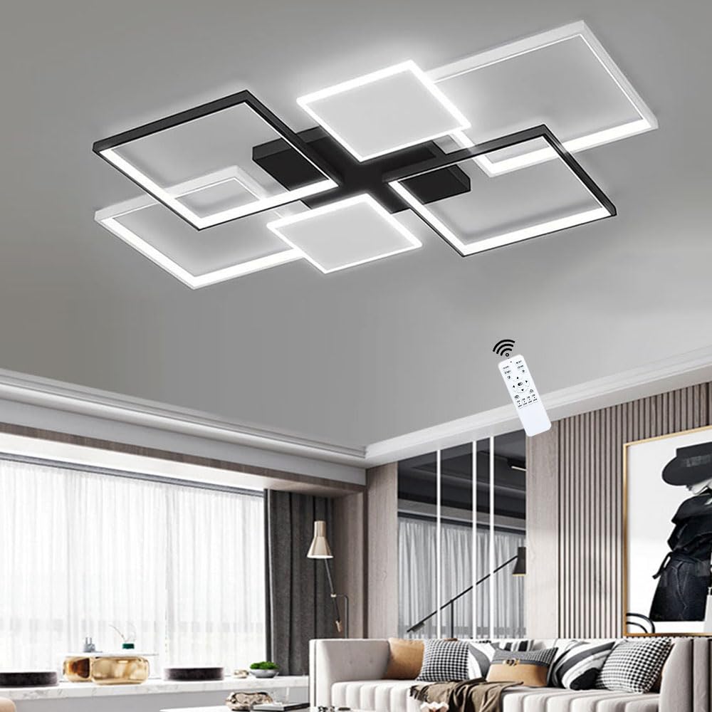 LIUYU Lampadari LED Soffitto Rettangolare Dimmerabile 90x60cm Nero-Bianco | Lampadario soggiorno led con telecomando 68W luce regolabile 3000K-6500K Alluminio Acrilico per Soggiorno Camera da Letto