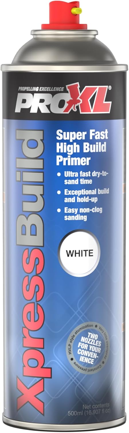 ProXL XpressBuild Super High Build White Primer Aerosol - 500 ml | Ultra Fast-Drying White Primer Filler | Fills Scratches & Sanding Marks | Excellent Adhesion on Metal & Plastic | Sandable in 20 Minutes | Vari-Nozzle Included