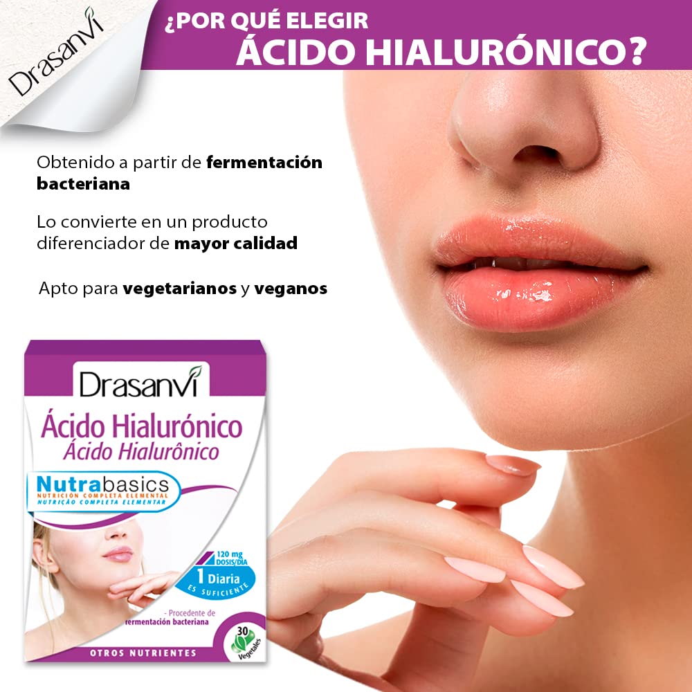 DRASANVI Ácido Hialurónico Procedente de Fermentación Bacteriana | Función Estructural para Piel, Cartílagos y Articulaciones | Hidratante Natural | para Veganos | 30 Cápsulas Vegetales = 30 Días