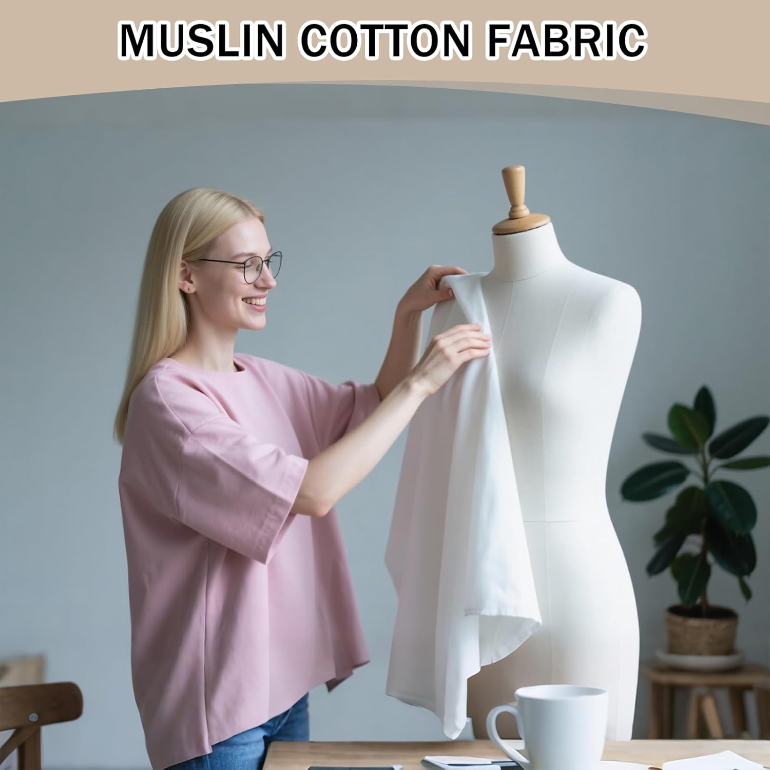 100% Cotton Muslin Fabric, 60 Inch X 5 Yards Bleached Muslin Linen Fabric by The Yard, Draping Fabrics Suitable for Sewing Embroidery, Crafts Material,Garments (White)