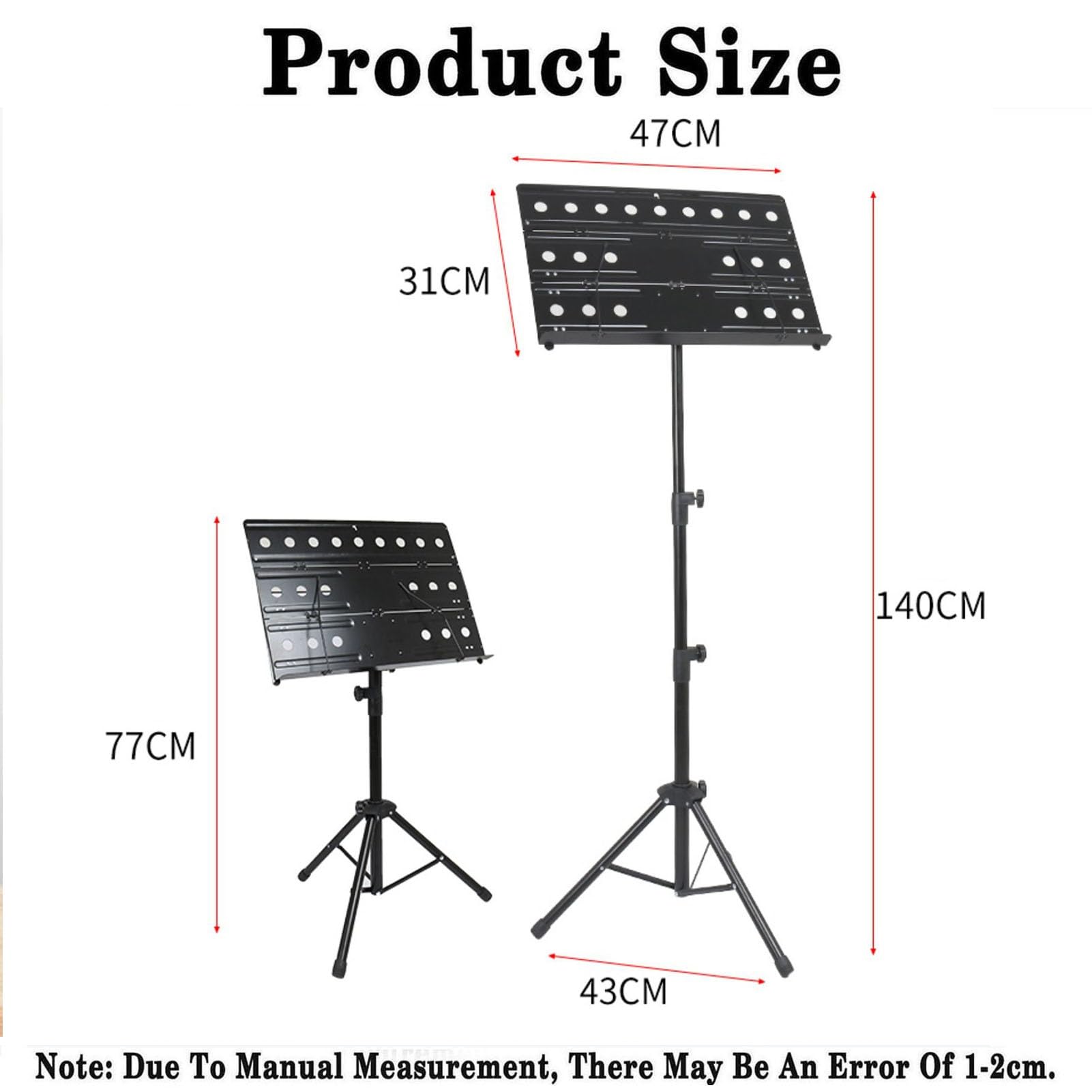Notenständer, Stabiler und verstärkter Notenständer, dreifach klappbarer Notenständer, höhenverstellbar für Instrumentenspiel, Band und Chor (Schwarz 77140 cm)