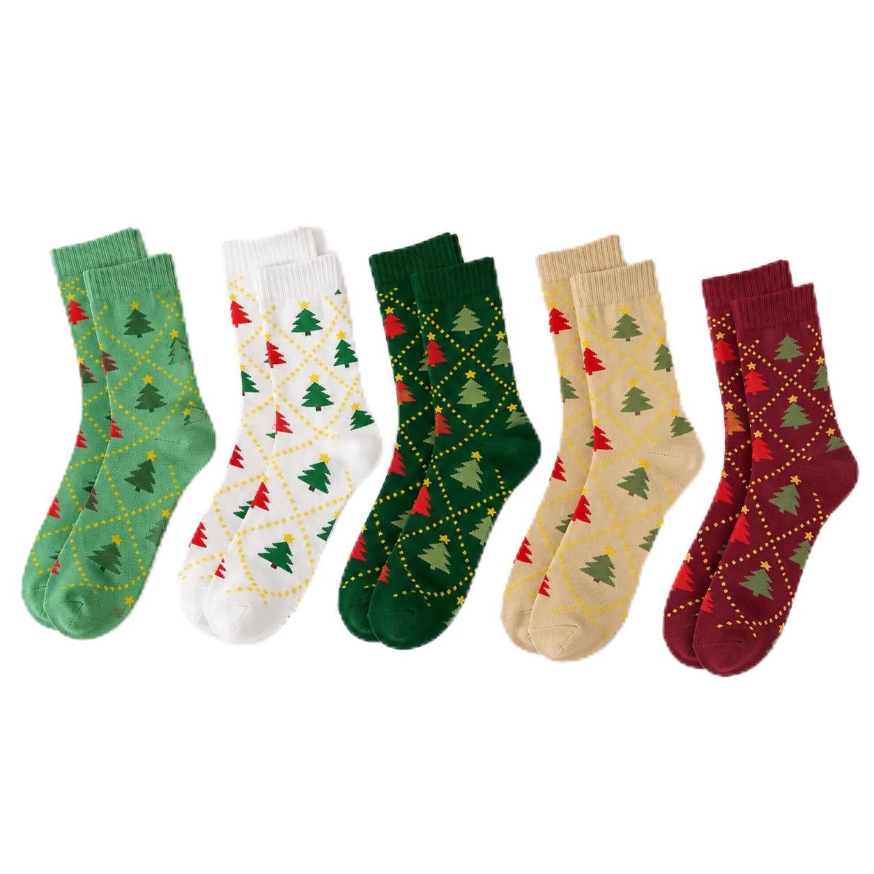 Women's Premium Cotton Crew Socks | Advanced Breathable Christmas Tree Patterned Winter Long Socks | Festive Argyle Plaid Mid Calf Cozy Dress Socks Combo - Pack of 5 Pairs (Multicolor)-image-17