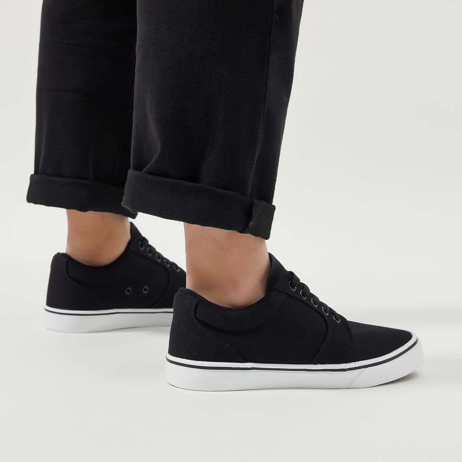 BENPAO Mens White Casual Shoes All Black Fashion Sneakers for Men Low Top Lace Up Canvas Shoes - Image 9