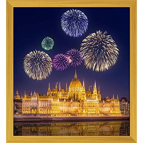 ArtzFolio Fireworks Under Parliament Building, Budapest Hungary D2 Canvas Painting Golden Wood Frame 18 X 19.7Inch