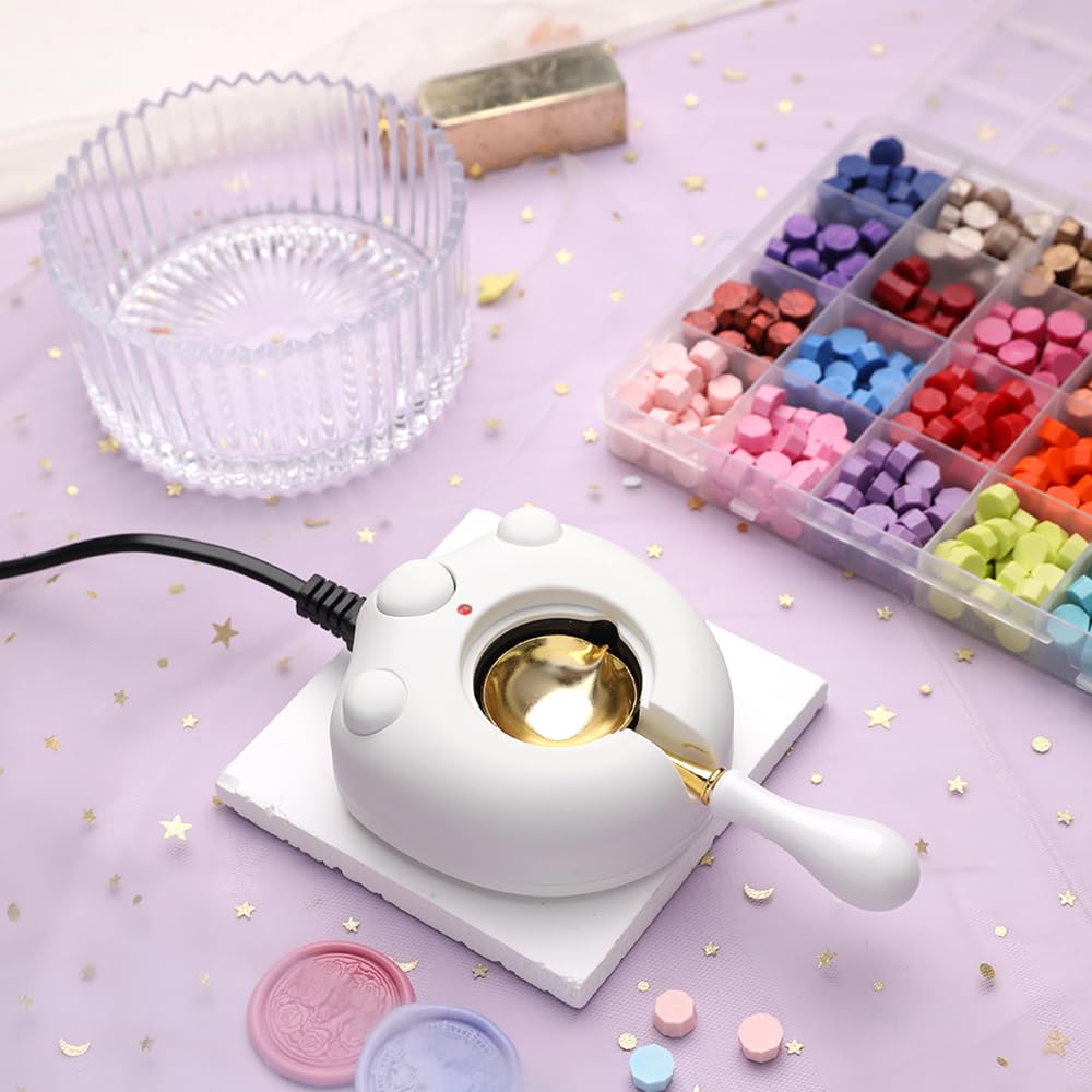 Kit de chauffe-cire électrique avec cuillère et pince à épiler – Excellent outil pour sceaux, tampons et bâtons de fonte, perles d'étanchéité (blanc)
