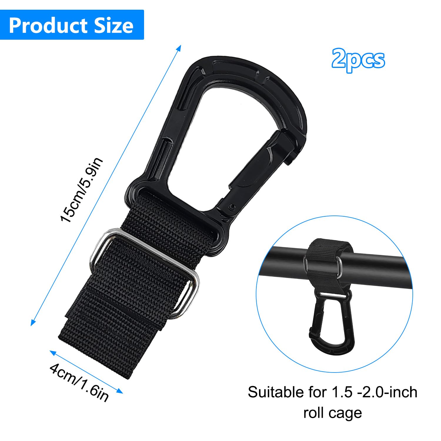 2 Pack UTV Roll Cage Hanger Hook for Helmet Headset Goggles, Heavy Duty Helmet Hook Fits Polaris RZR Can Am Kawasaki Pioneer Rhino, Stroller Hooks, Carabiner Clips for 1.5-2.0