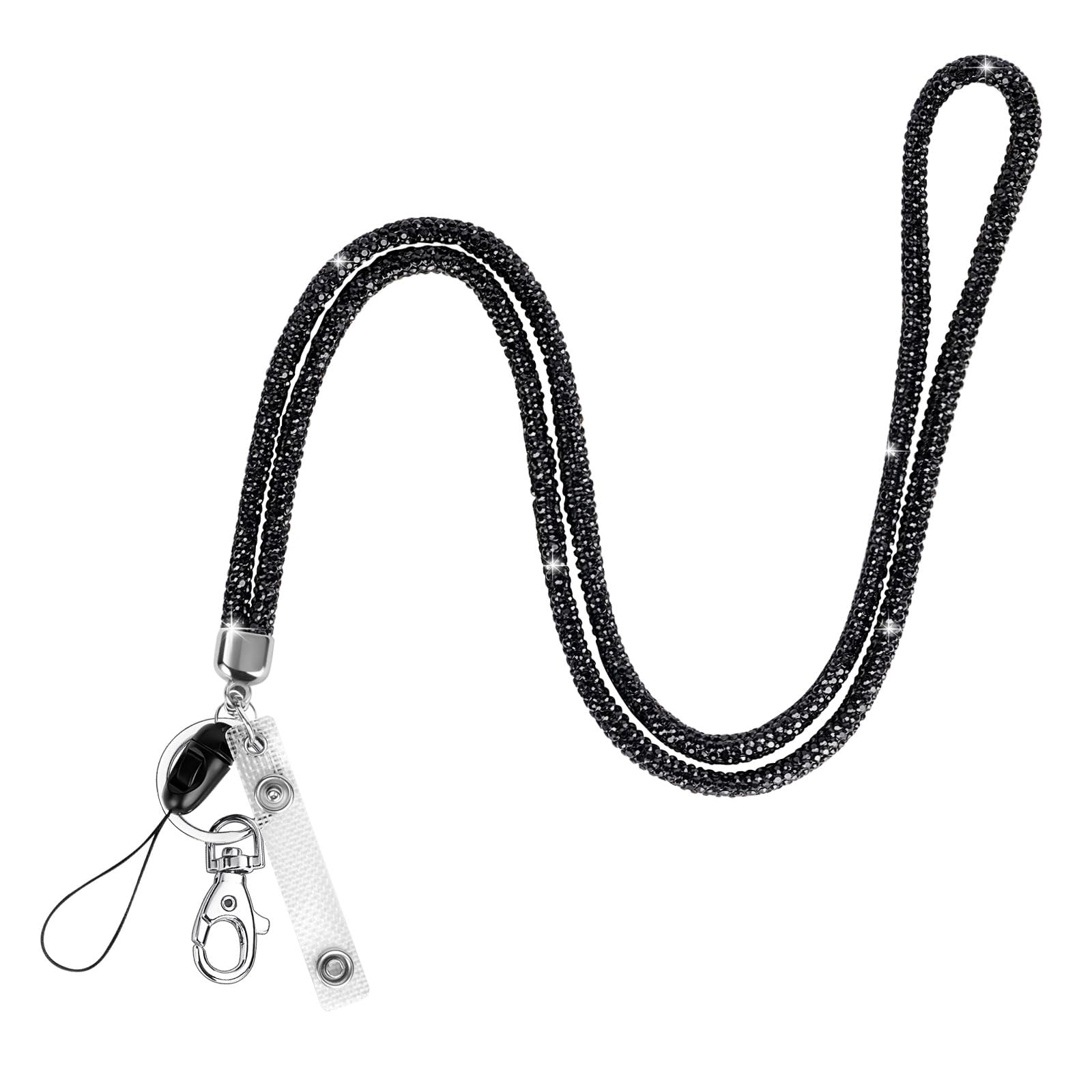 OFFCUP Neck Lanyard strip, Schlüsselband mit Strass, Bling Strass Umhängeband Schlüsselband, Kristall Lanyard Halskette mit Karabinerhaken Schlaufe und Schlüsselring（Schwarz）