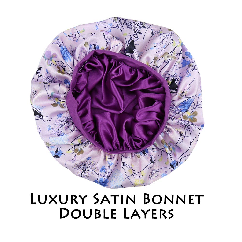 Chemo Cap Silk Nightcap for Women Wide Band Satin Bonnet for Hair Beauty Purple Floral
