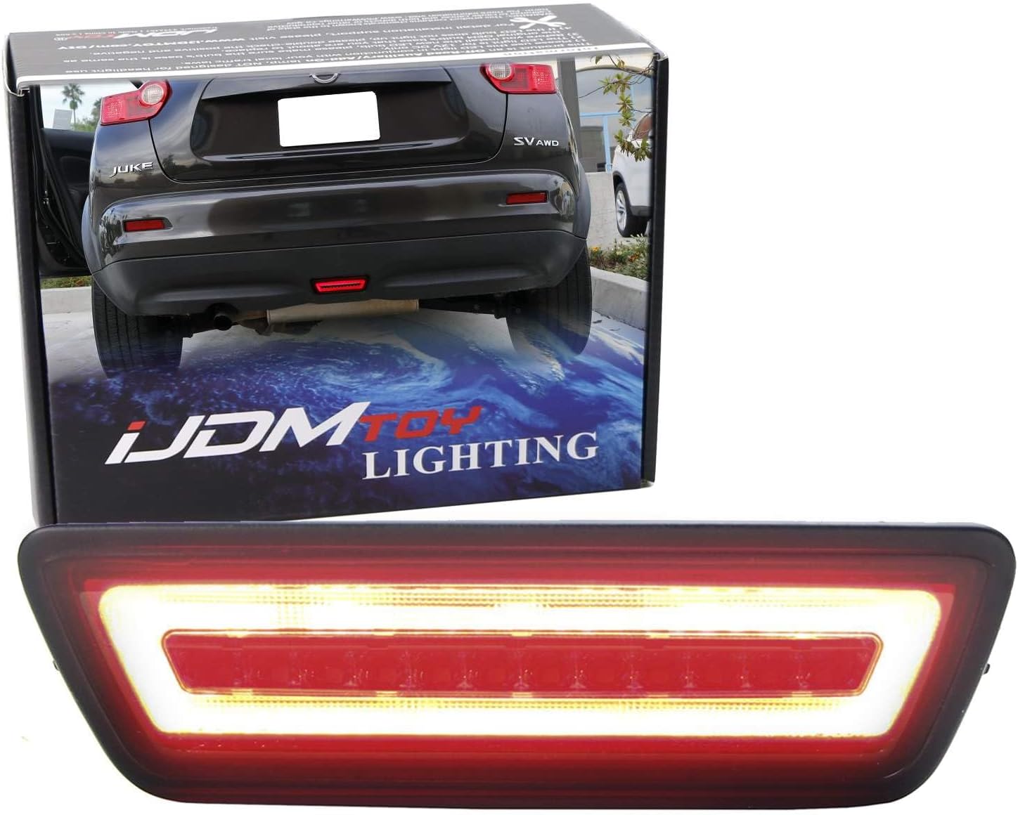 iJDMTOY Smoked Lens 3-in-1 LED Rear Fog Light Compatible with Nissan 2011-14 Juke, 2014-16, 2015-24 Murano, Red LED Running Light For Tail Brake Lamp & White Backup Reverse Light