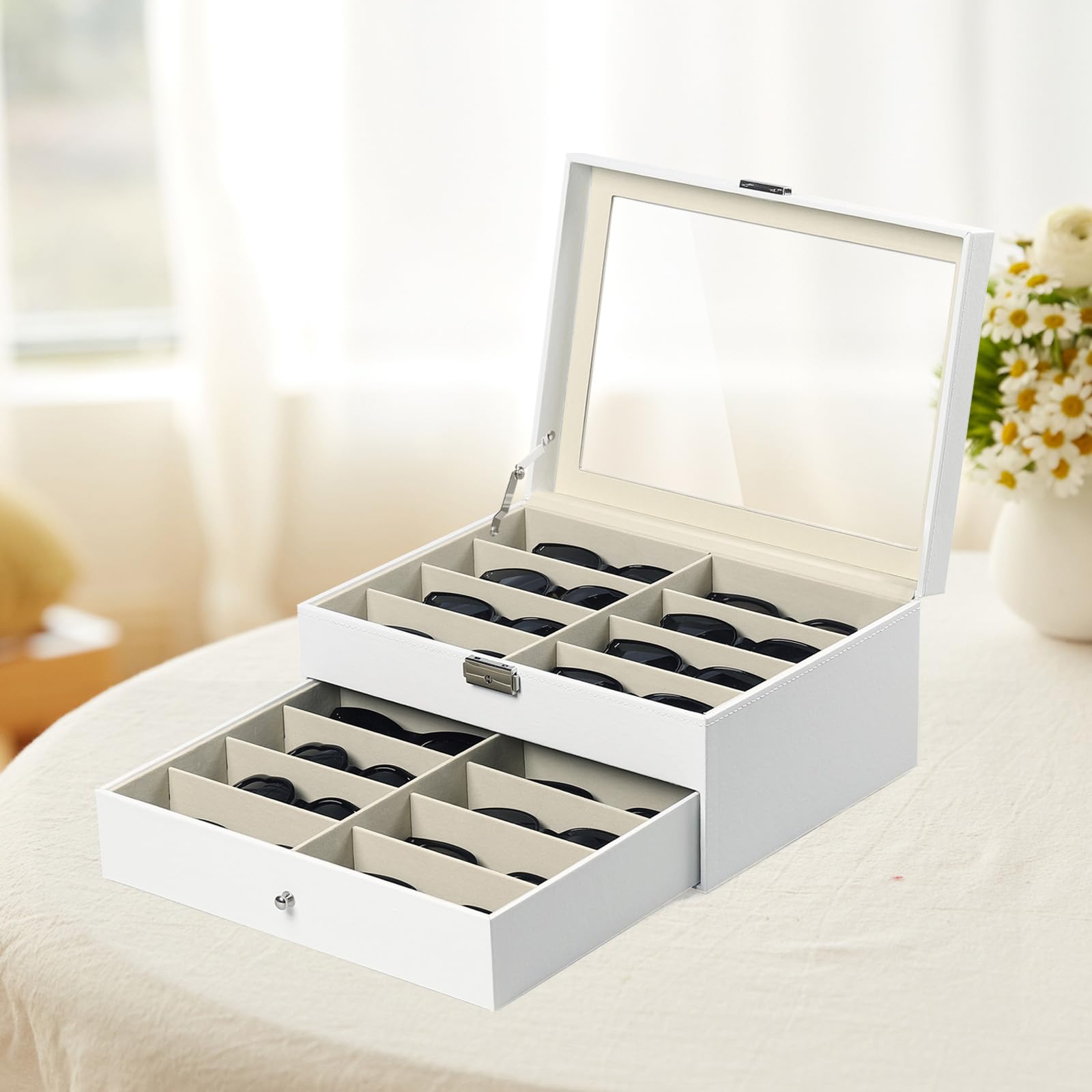 AUTOARK Organizador de cuero para 16 piezas para gafas y gafas de sol,Organizador con cerradura,Blanco,AW-151 | Expositor de gafas de sol, cajón con cerradura