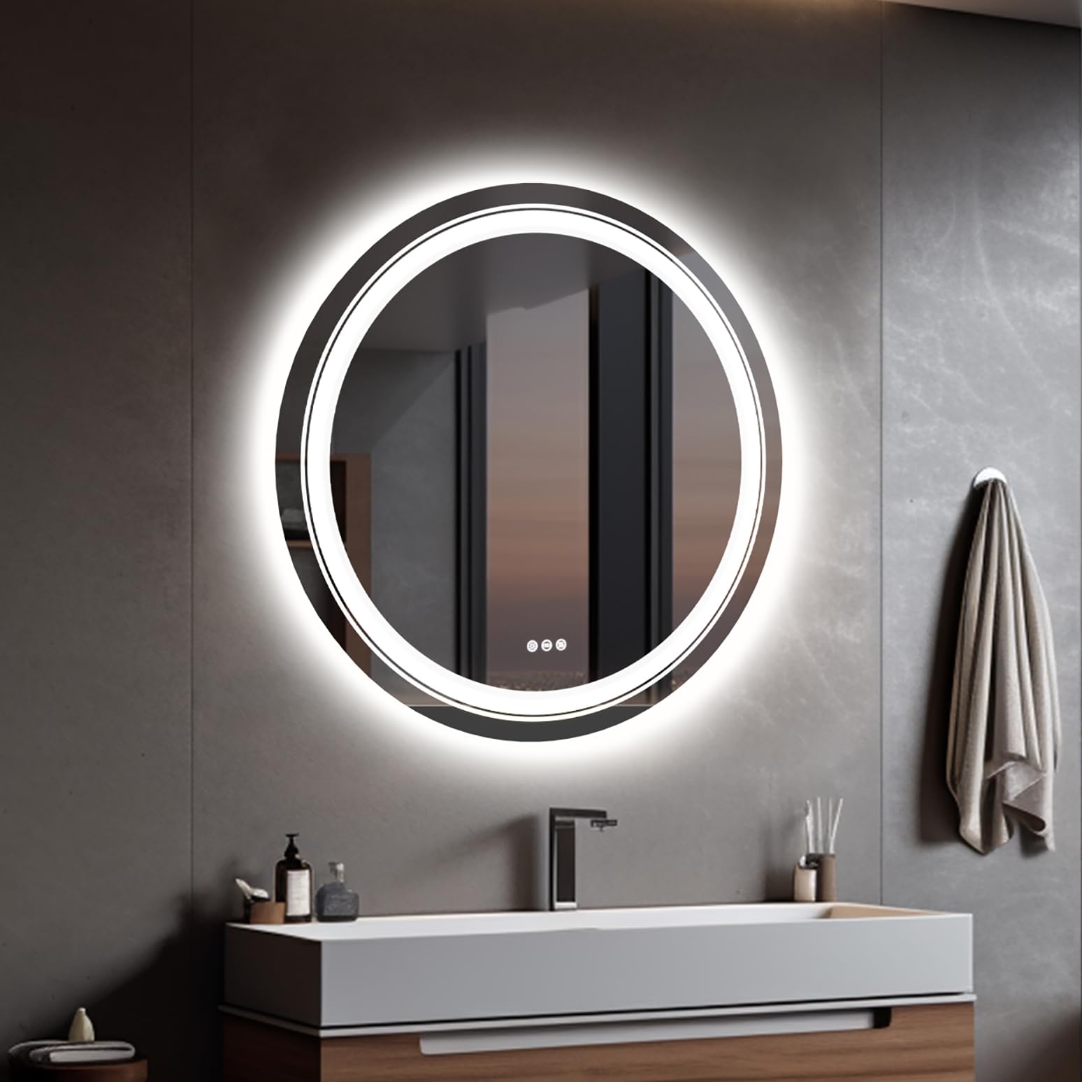 Wisfor Round LED Bathroom Mirror: 80CM Dimmable Lighted Circle Wall Vanity Mirror 3 Lighting Colors with Anti-fog Smart Touch Sensor for Makeup Shaving Hairdressing, Front Lighted + Backlit