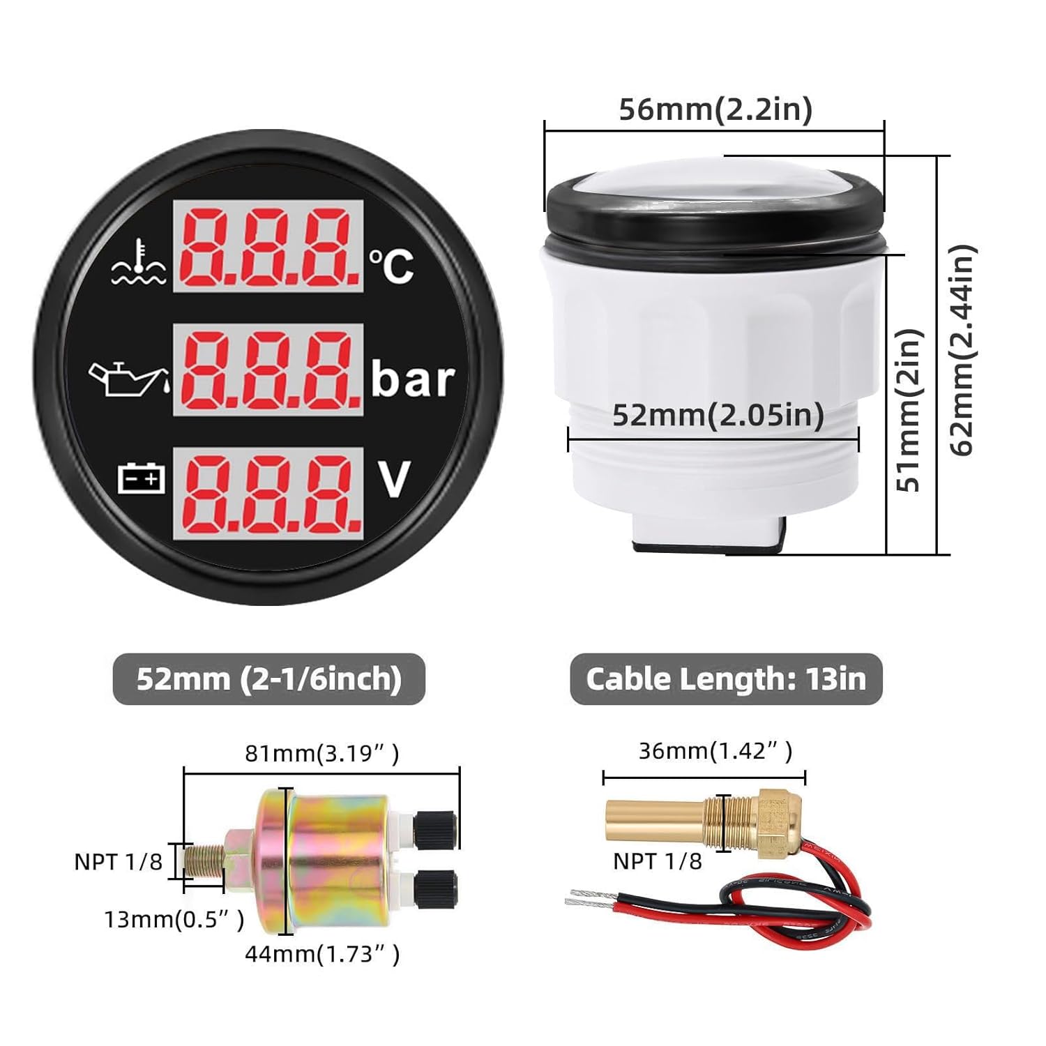 52mm 3 in 1 Car Marine Gauge Set, Engine Coolant Water Temperature Gauge ° F Oil Pressure Gauge PSI Voltmeter, Instrument Sensor Kit for Truck Boat Vehicle (Black Dial Black Cover)