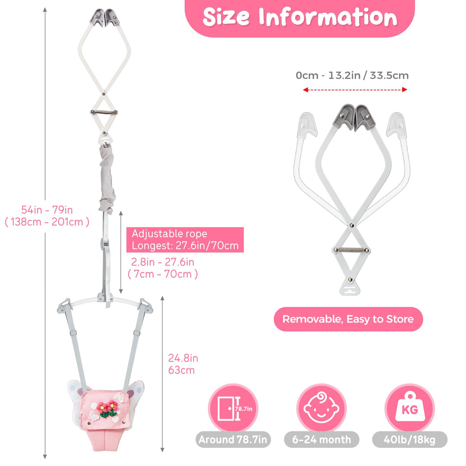 FUNLIO Baby Türhopser für 6–24 Monate (mit Türklemme), Baby Jumper mit starker Feder/verstellbarem Riemen, einfach zu montieren und zu lagern Baby Hopser, Tragfähigkeit 18 kg – Rosa Schmetterling