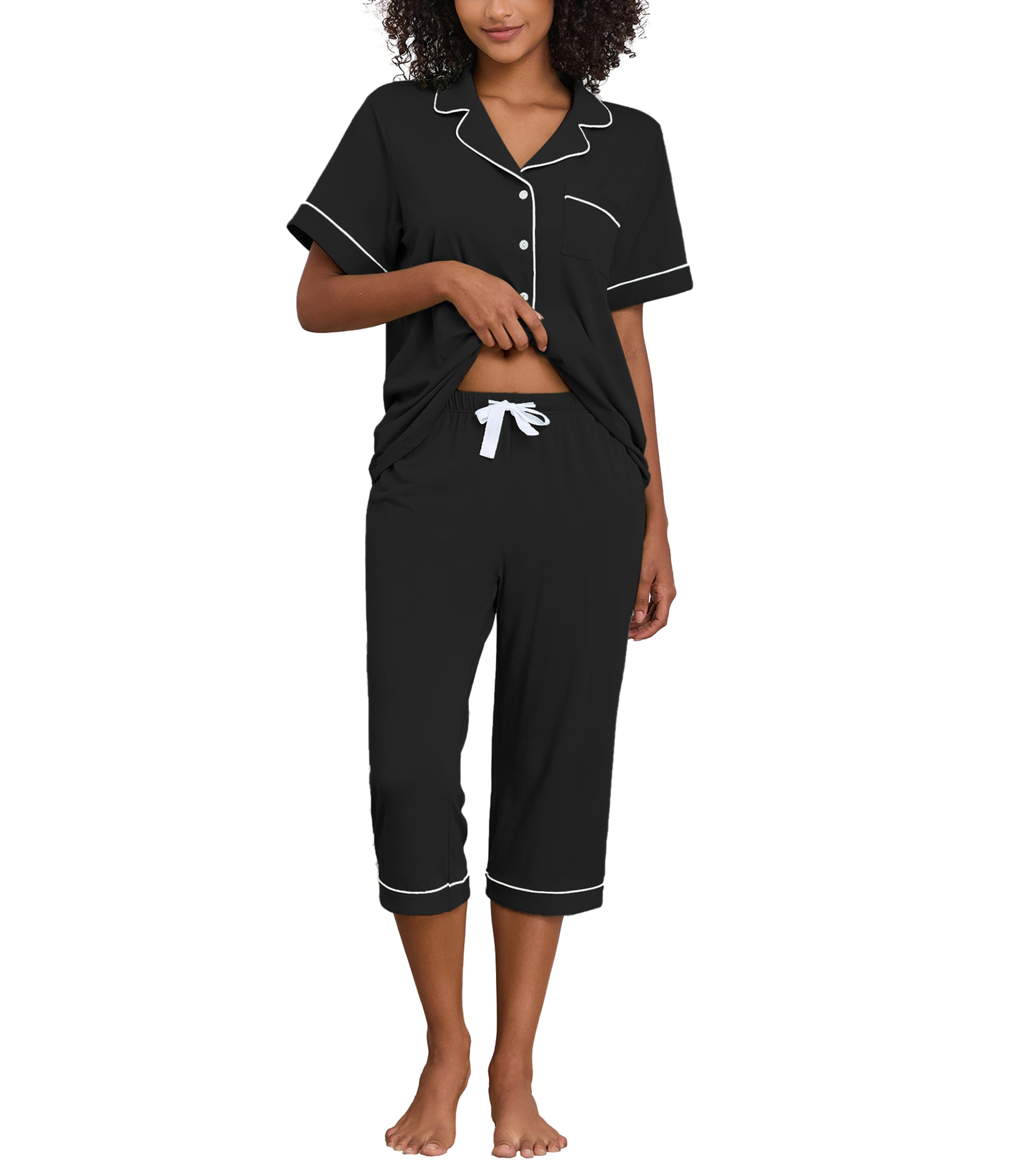COLORFULLEAF Pijama de mujer de verano de manga corta, traje de casa de dos piezas, cuello en V, ropa de dormir, juego de pijama de manga corta y pantalones 3/4