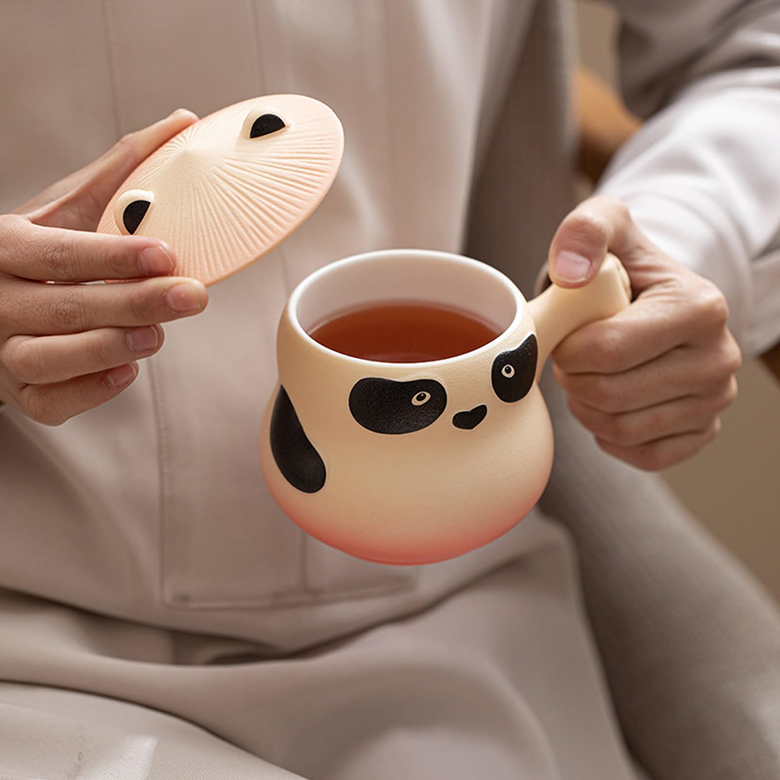 Ceramiczny kubek panda,Filiżanka do herbaty z zaparzaczem i pokrywką,Kubek biurowy,Pojedyncza filiżanka,Uroczy,360ml,Wielokrotnego użytku,Prezenty dla zakochanych (Zielony, Prezentowe)