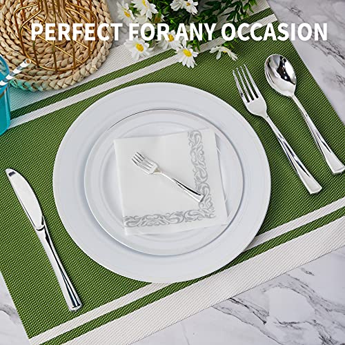 Jolly Chef 250 Count Disposable Silver Plastic Tableware Set - 50 Silver Plastic Plates 25 Plastic Silverware - 25 Cups And Straws - 50 Fancy Napkins, Wedding Or Party Of 25 #TOP3