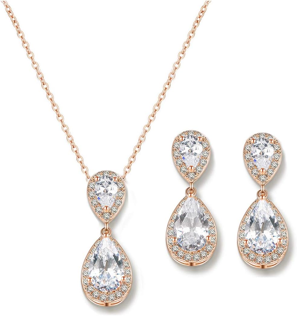 UDYLGOONUDORA Teardrop Cubic Zirconia Drop Earrings Necklace Bridal Jewelry Sets Wedding Prom Gifts For Bridesmaid
