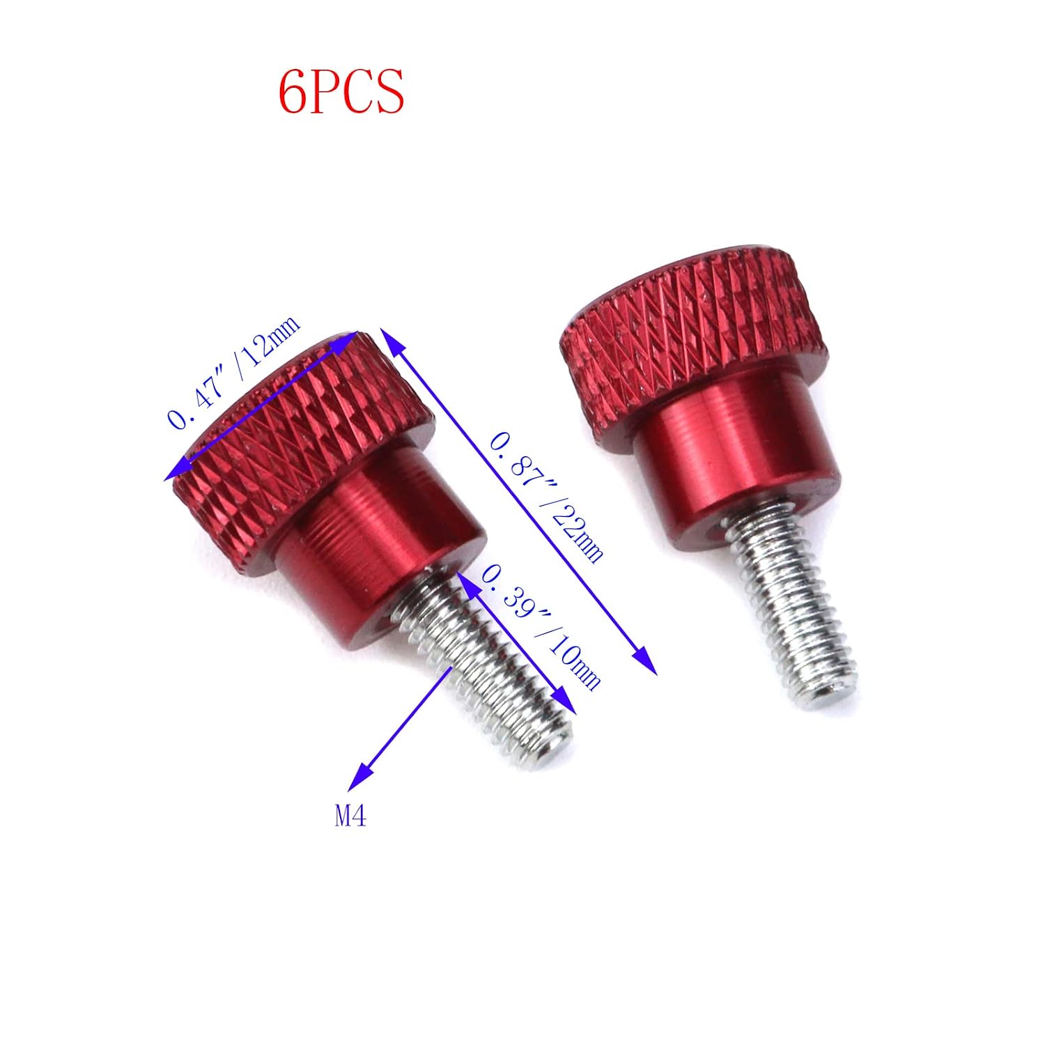 M4 x 10mm High Head Knurled Thumb Screws Knobs, Red, 6 Pcs