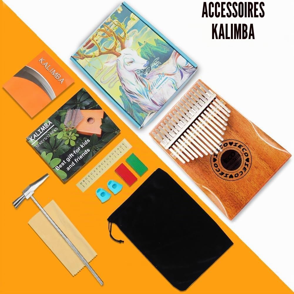 Kalimba Piano à Pouce 17 Clés Portable Marimbas Instrument de Musique | Pour Enfants Adultes Débutant, avec Sac en Tissu Instruction D'étude Marteau D'accord