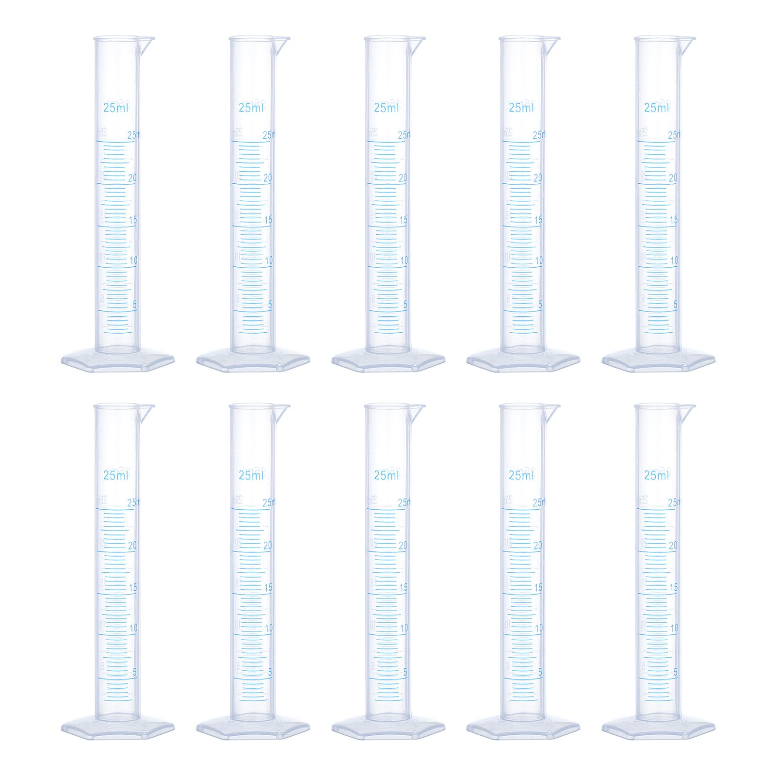 QUARKZMAN Cilindro Graduado de Plástico 25ml Medidor Tubos de Ensayo Base Hexagonal Transparente 10 Unidades