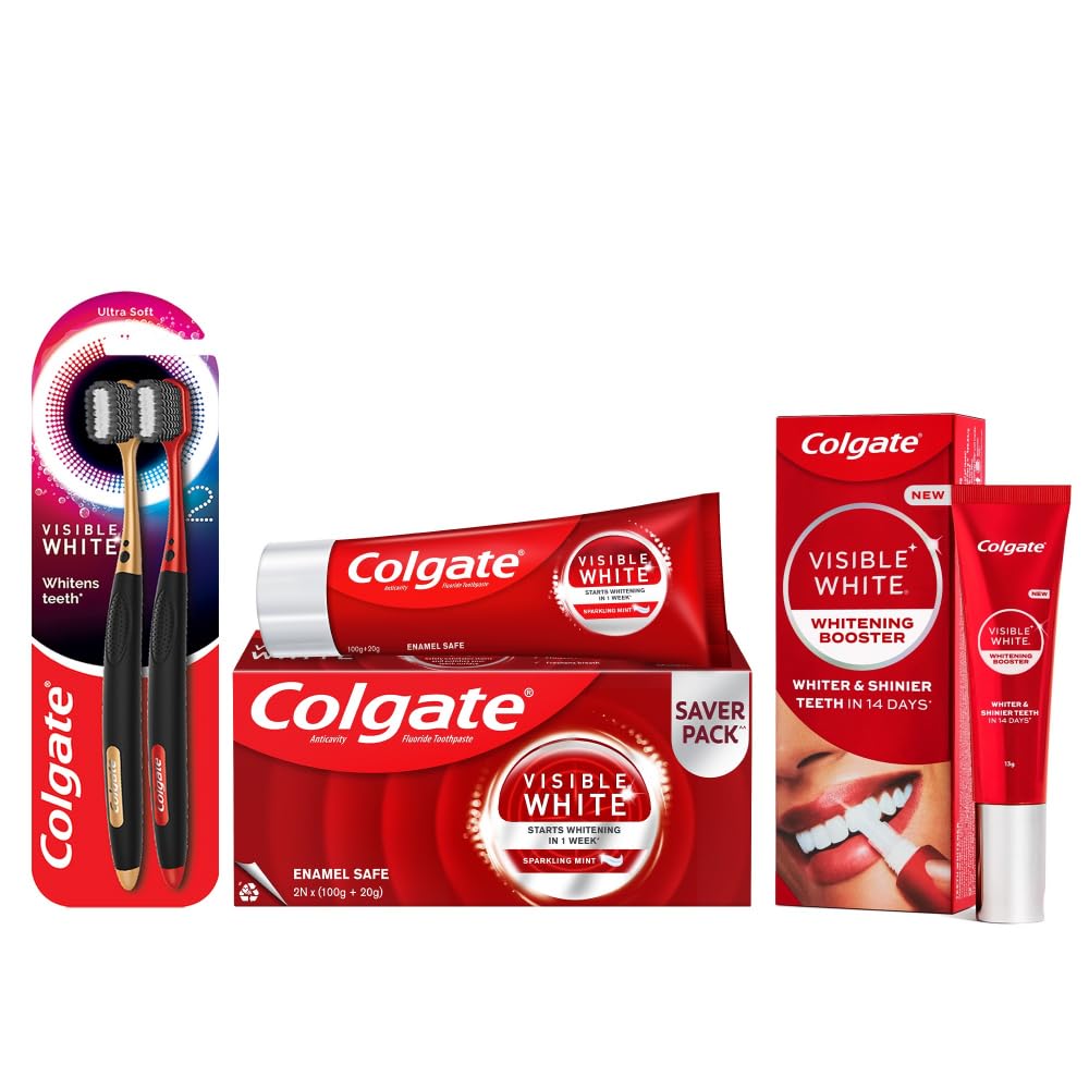 Colgate Visible White Teeth Whitening Kit - Booster Gel (13g), Toothpaste (240g), O2 Toothbrush (2pcs) - Whiten Teeth in 14 Days - Adult Use