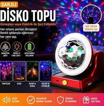 DLK-2030 Solar Şarjlı Taşınabilir Disko Topu, 360° Dönen RGB LED Işık, Parti, Ev ve Kamp Uyumlu [Enerji Sınıfı A]
