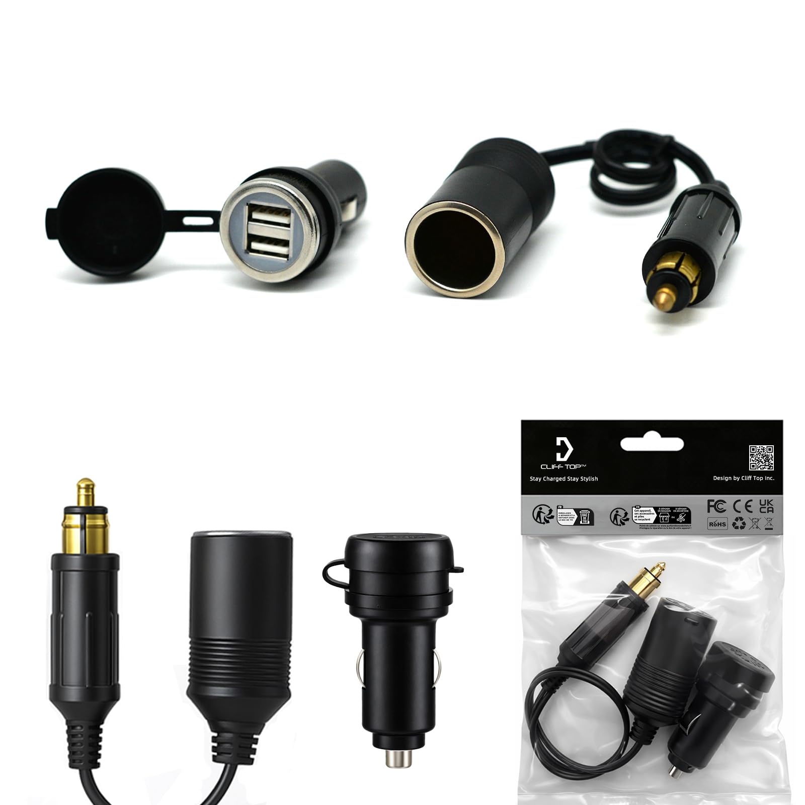 Cliff Top Extended Hella(Din) to Standard Cigarette Lighter Adapter + 3.3 Amp Dual USB Charger (Not Suitable for Cars)