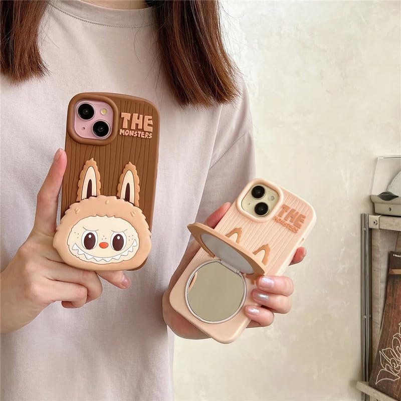 Image of COVERLY for iPhone 15 3D The Monster Mirror Cartoon Stand Case,Premium Silicone Case Full Protective Cute Bear Love with Phone Holder Cool Makeup Mirror Cute Kawaii Aesthetic Cover for Apple iPhone 15