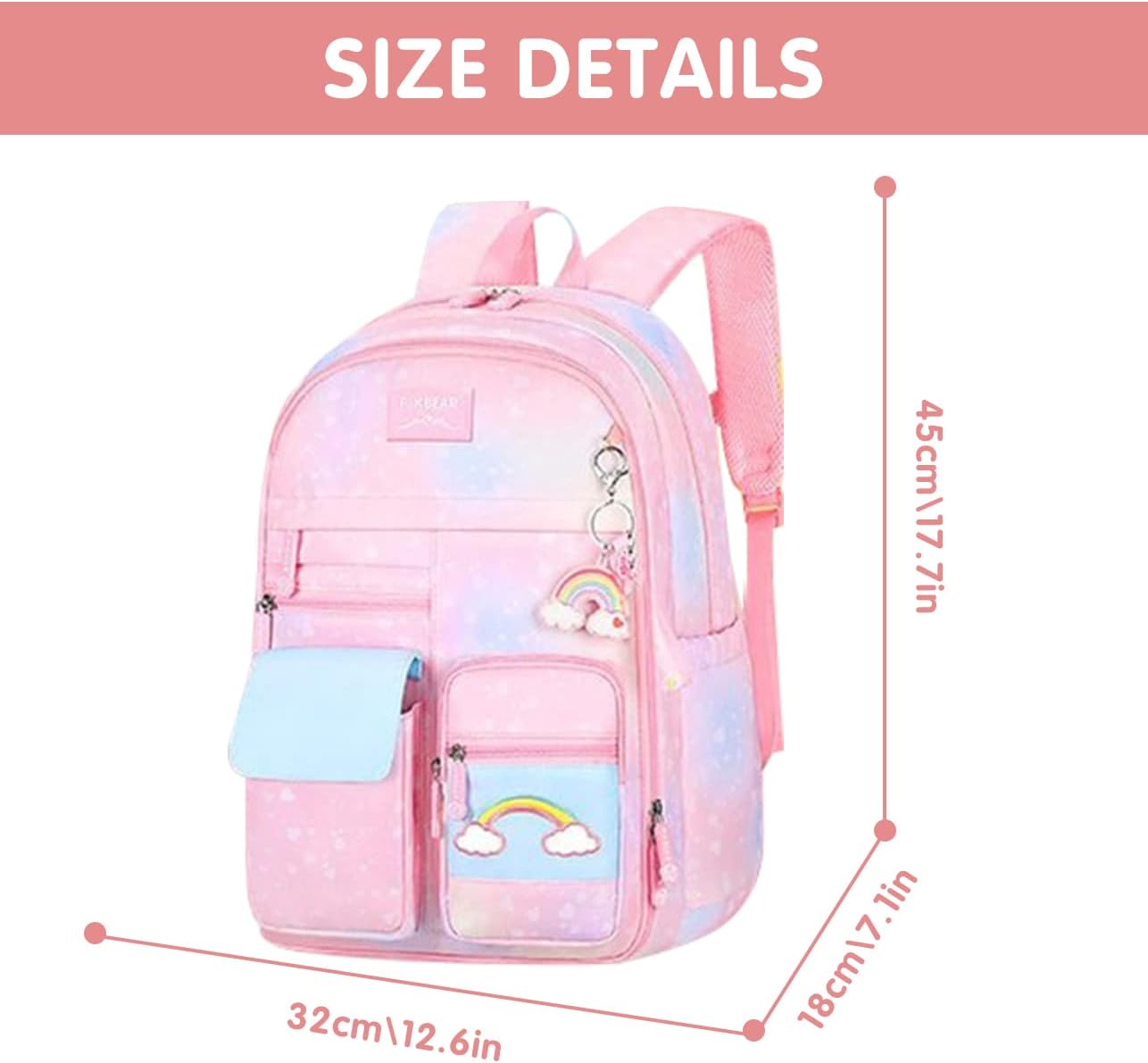 MCWTH School Backpack for Girls, Lightweight Waterproof Cute Rainbow School Bookbag for Teen Kids Students Elementary (Rainbow Pink) Large