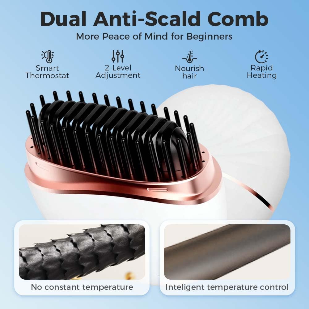 Mini Hair Straightener, 2 in 1Cordless Rechargeable Fast Heating Portable Hair Straightener Comb with Mirror & 3 Temp Settings & Anti-Scald Shell, Perfect for Travel Use (White) - Image 2