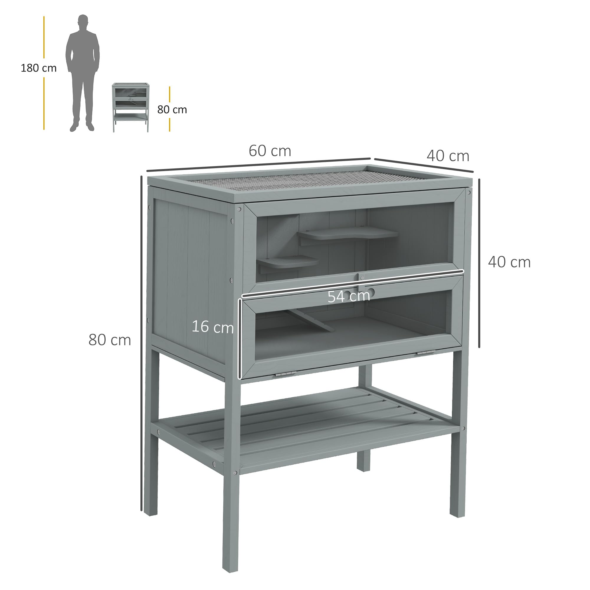 PawHut Jaula de Madera para Hámster con Estante 60x40x80 cm Gris | Casa de juego para animales pequeños, jaula para jerbo, techo abrible, rampa, para jerbos, hámsteres enanos