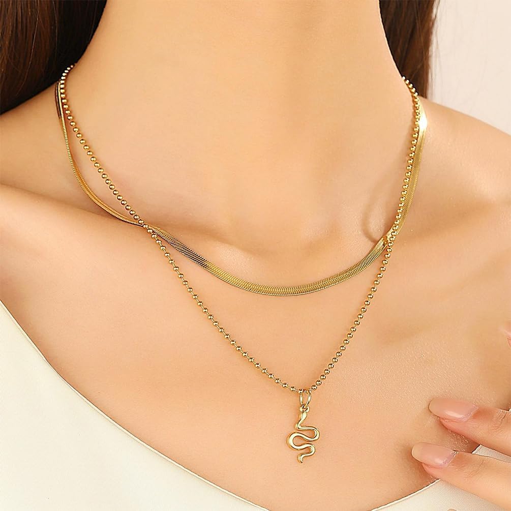 Layered Gold Snake Beaded Chain Necklace for Women Trendy, Silver Snake Choker Charm Serpent Pendant Necklace Unique Punk Snakes Jewelry Gifts - Image 2