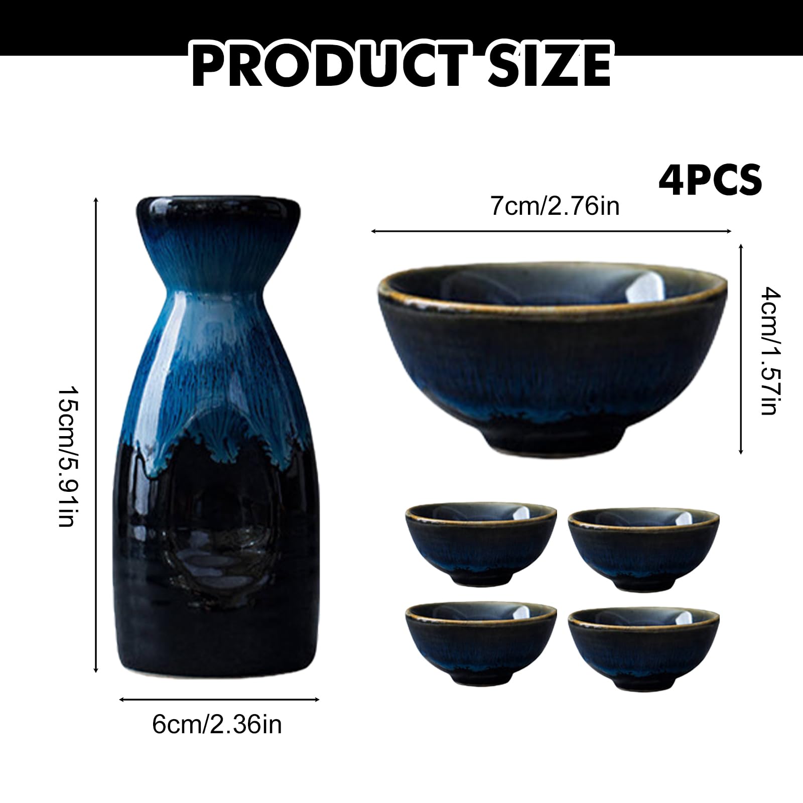 GOEDCH Set di sake tradizionali giapponesi: set di vino di riso blu per stile giapponese, include 4 tazze per sake e 1 vaso per sake, set di sake artigianale per la casa ristorante