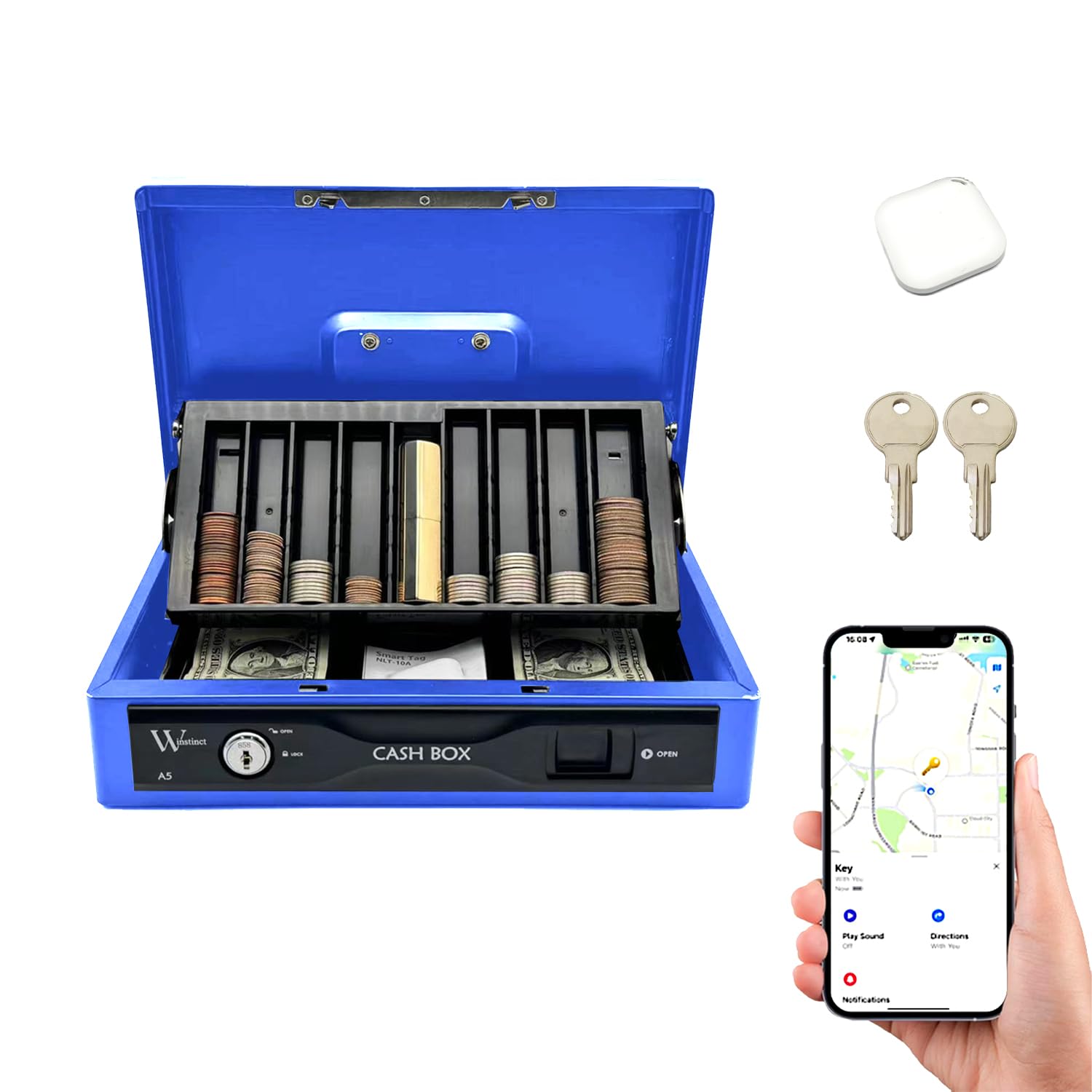 Cassetta per contanti con Smart Tag ha chiavi di tracciamento GPS sicuro vassoio organizer per monete/carta, in metallo resistente, per affari, casa, viaggi, regali e archiviazione sicura