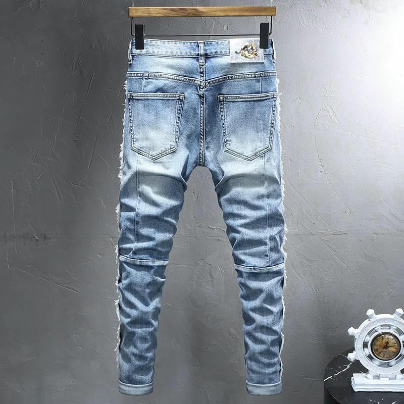 Street Men Jeans Retro Light Blue Elastic Stretch Skinny Ripped Jeans Mens Spliced Designer Hip Hop Denim Pants2