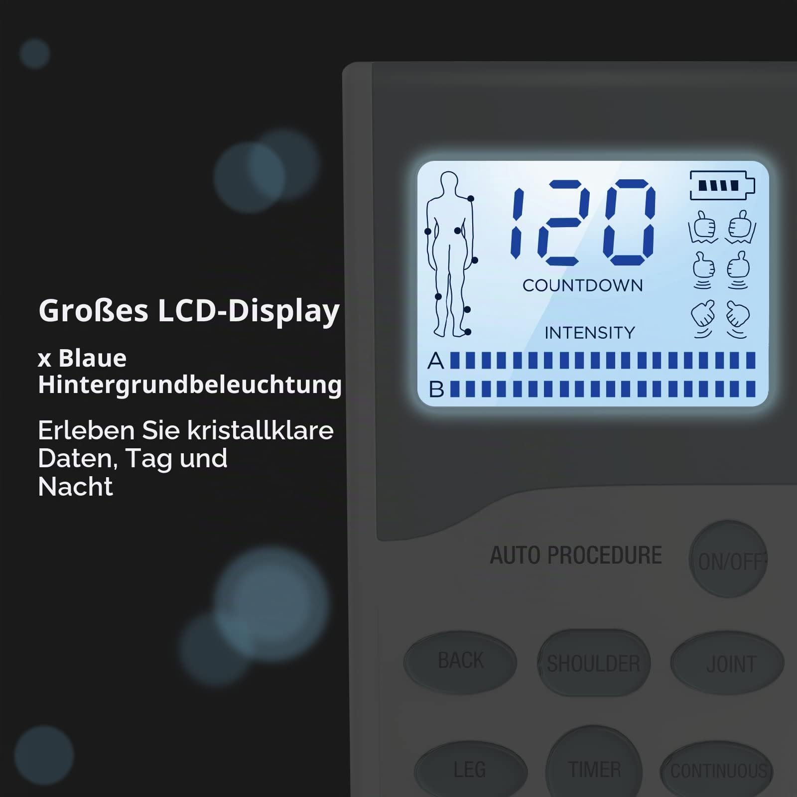 Easy@Home TENS-Gerät Schmerztherapie: wiederaufladbares professionelles Reizstromgerät Elektrostimulationsgerät mit hintergrundbeleuchtetem LCD-Display & leistungsstarker Pulsintensität - PL-029V
